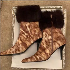 Summer Rio Calf Hair Ankle Boots Size 8.5 Fur Cuff Stiletto Heel Animal Print
